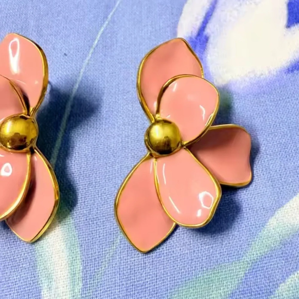 Blush Pink Petal Floral Gold Earrings